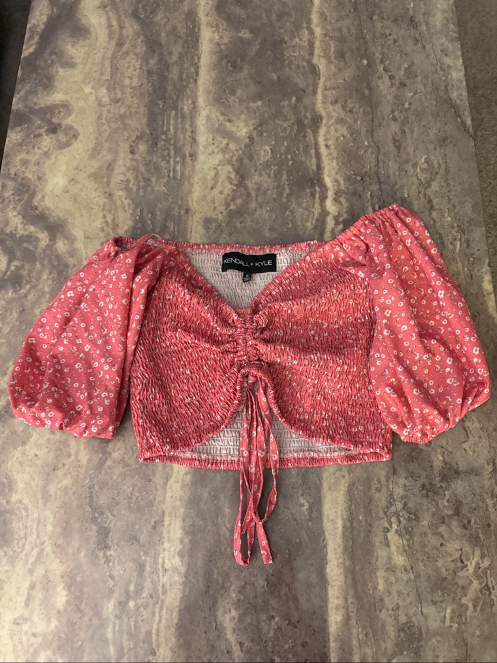 Kendall & Kylie Coral Pink Floral Smocked Crop Top